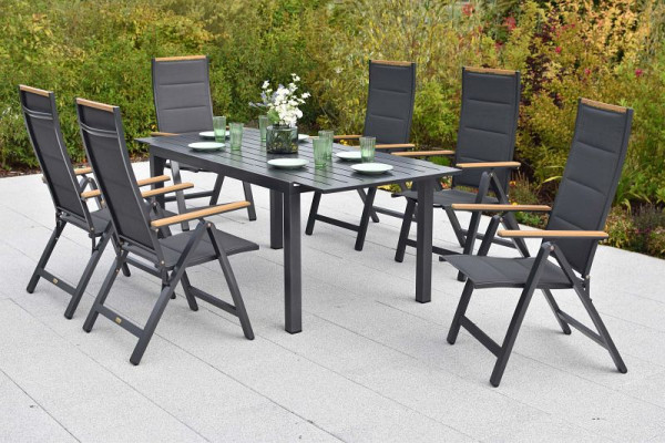 Merxx Verona Set 7-teilig, 6 Verona Klappsessel, 1 Ausziehtisch 150 (200) x 90 cm, Tischplatte aus Aluminium, 51085-309