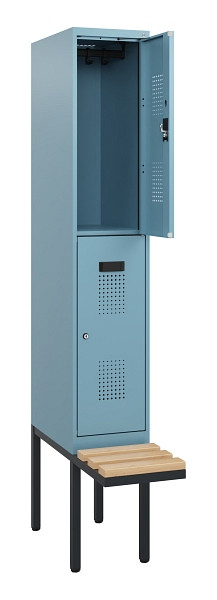 C+P Doppelstock-Spind Evolo PLUS, Bank, 2 Fächer, 1950x300x815mm, 0010/0010, Zylinderschloss, Sitzfläche Buche-Hartholz, 0493405-10 S10059