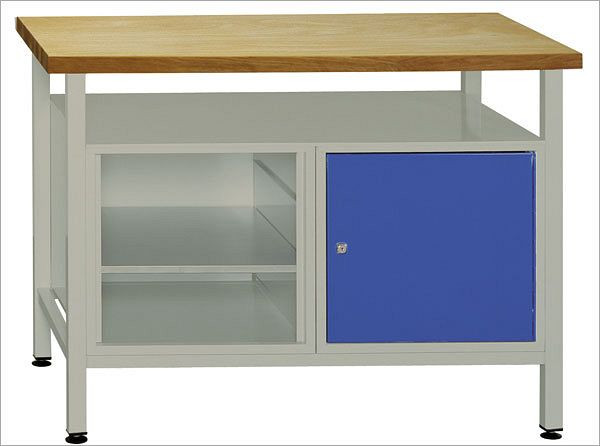 ADB Werkbank Tür + Regalteil und Ablage, Maße: 1200x600x840mm (BxTxH), Farbe Werktisch: grau, RAL 7035, Farbe Tür: Lichtblau, RAL 5012, 41939