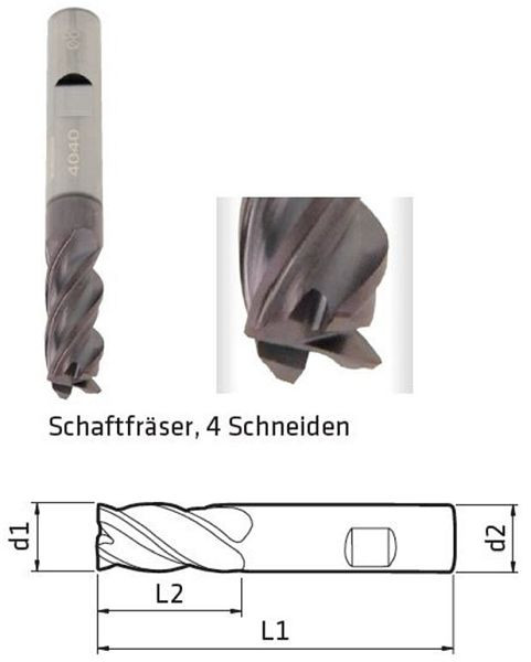 ELMAG Schaftfräser Ø: 16mm, 4-Schneiden, Titanaluminiumnitrid für Werkstoffe bis 1200 N/mm² Zugfestigkeit, 17271