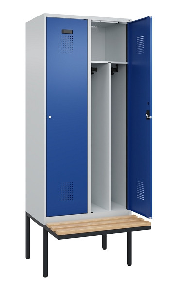 C+P Spind Evolo PLUS, 2 Abteile, 2120x800x815mm, 7035/5010, Haken 4, Zylinderschloss, Sitzfläche Holz, Trennwand, 0490407-22F S10033