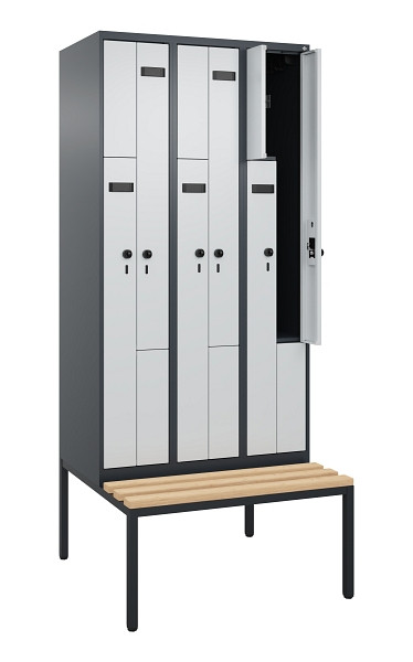 C+P Z-Spind Evolo PLUS, 6 Fächer, 2120x900x815mm, 7016/7035, Drehriegel, Sitzfläche Buche-Hartholz, Sitzbank, 0490537-306 S10014
