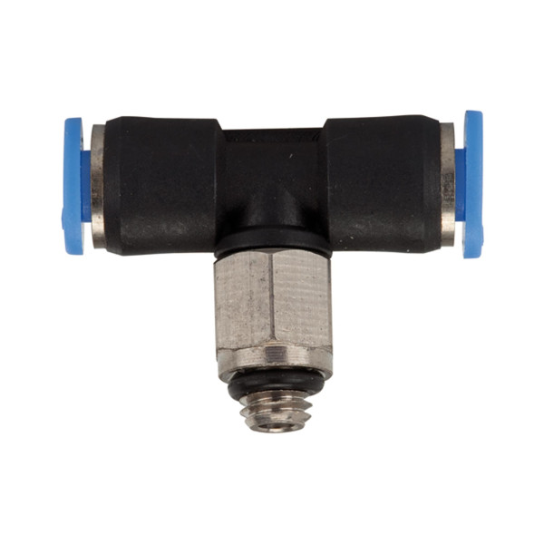 Riegler T-Steckverschraubung »Blaue Serie« mini, drehbar, M3, für Schlauch-Außen-Ø 3 mm, pmax 10 bar, Kunststoff/Messing vernickelt, 148839