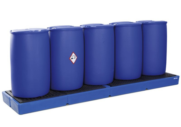 DENIOS Auffangwanne aus Polyethylen (PE) für 5 Fässer à 200 Liter, 3000 x 790 x 175 mm, mit Gitterrost, 328312