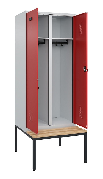 C+P Schwarz-Weiß-Spind Evolo PLUS, Bank, 2 Abteile, 2120x800x815mm, 7035/3000, Drehriegel, Sitzfläche Buche-Hartholz, Sitzbank, 0490527-22 S10003