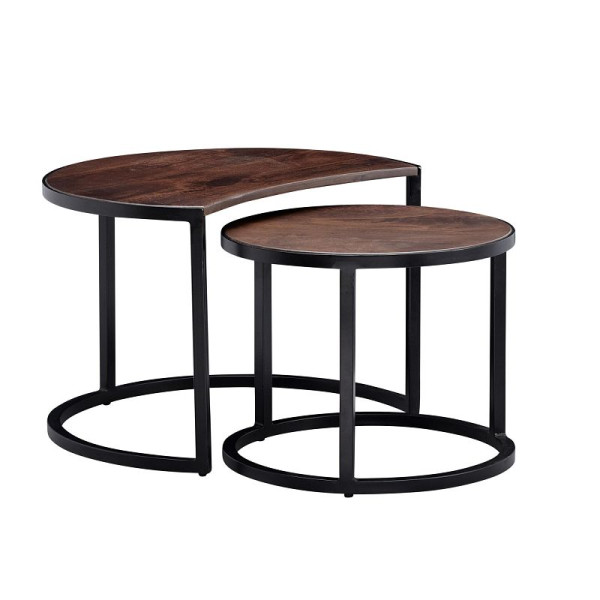 Wohnling Couchtisch 2er Set Mango Massivholz/Metall Rund, Dunkelbraun, mit Metallbeine Schwarz, WL6.339