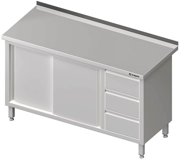 Stalgast Arbeitsschrank mit Schiebetüren, 1600x700x850 mm, mit 3er Schubladenblock rechts, ohne Aufkantung, verschweißt, VAS16706R