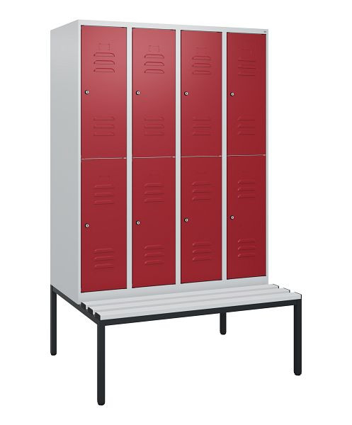 C+P Doppelstöckiger Spind Classic PLUS, 4 Abteile, 1950x1200x815mm, 7035/3003, Zylinderschlösser, mit untergebauter Sitzbank, 0803505-40 S10076