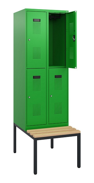C+P Doppelstöckiger Spind Evolo PLUS, Bank, 4 Fächer, 1950x600x815mm, 6037/6037, Zylinderschloss, Sitzfläche Buche-Hartholz, Sitzbank, 0493505-20 S10077