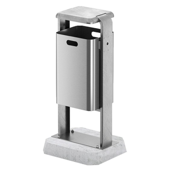 Stein HGS Abfallbehälter -City 200- mit Abdeckung, mobil mit Beton-Sockel, ohne Ascher, Behälter und Ständer ohne Farbe, Aluminium, geschliffen, 12662-0101