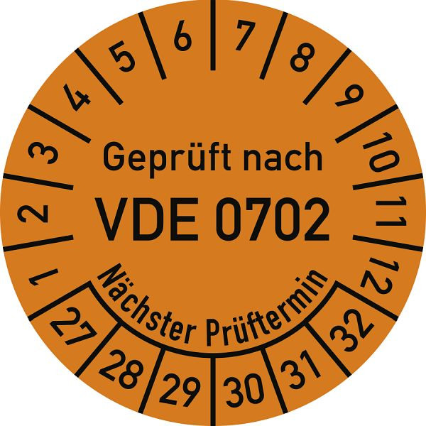 Moedel Prüfplakette VDE 0702 Nächster Prüftermin, 2027-2032, Folie, Ø 30mm, VE: 10 Stück/Bogen, 108584