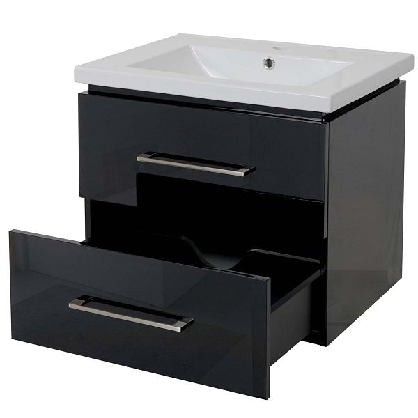 Mendler Premium Waschbecken + Unterschrank HWC-D16, Waschbecken Waschtisch, hochglanz 60cm, schwarz, 62240+62238