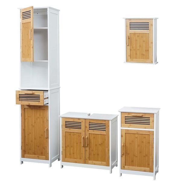 Mendler Badezimmerset HWC-A85, Badmöbel Hochschrank Waschbeckenunterschrank Hängeschrank Kommode Bambus, MVG weiß, 57142+57143+57145+57146