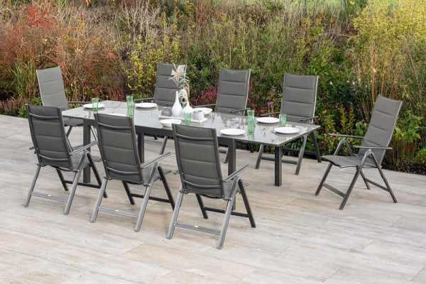 Merxx Taviano Set 9-teilig, 8 Klappsessel, gepadded, 1 Semi Ausziehtisch, 200 (300) x 100 cm, graphit/grau, 50568-207