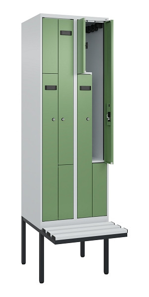 C+P Z-Spind Evolo PLUS, Bank, 4 Fächer, 2120x600x815mm, 7035/6011, Zylinderschloss, Material Sitzfläche Kunststoff, 0490437-204 S10091