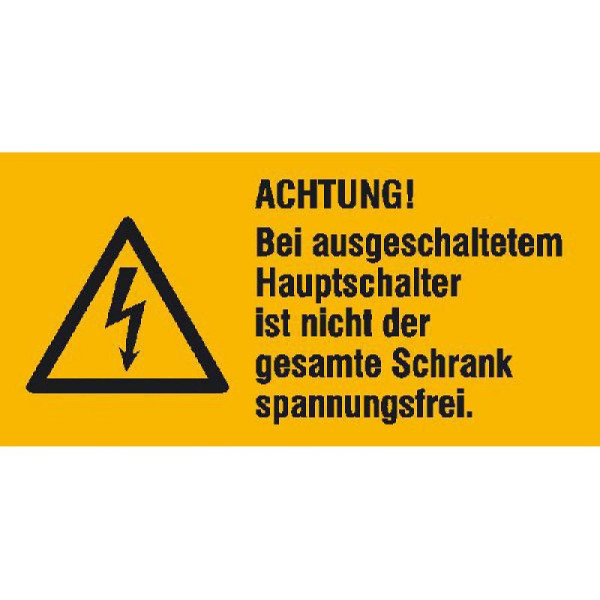 Stein HGS Elektrokennzeichnung/Warnkombischild, ACHTUNG! Bei ausgeschaltetem Hauptschalter, 52 x 26 mm / Folie, 9er-Bogen, 30.1324
