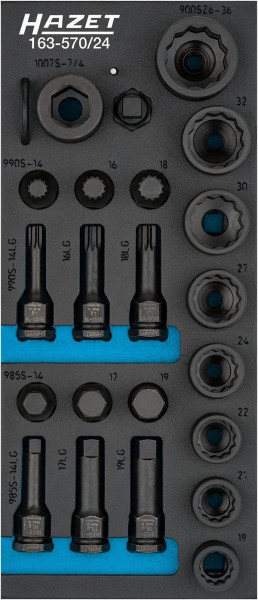 Hazet Schlag-, Maschinenschrauber Steckschlüsseleinsatz Satz, Vierkant hohl 12,5 mm, Außen-Doppel-Sechskant-Tractionsprofil, 163-570/24