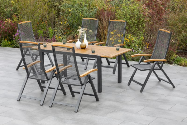 Merxx Tilos Set 7-teilig, 6 Tilos Klappsessel, 1 Tilos Ausziehtisch, 150 (200) x 90 cm, Aluminium mit FSC Akazienholz, 50207-217