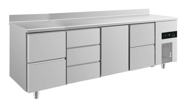 A&S Polarny Kühltisch -2 bis +8°C mit Tür mittig-rechts, 2x zwei Schubladen und drei Schubladen mittig-links, 2330 x 700 x 850 mm, mit Aufkantung, KT4ZDTZA