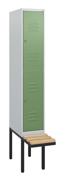 C+P Doppelstöckiger Spind Classic PLUS, 1950x300x815mm, 7035/6011, Zylinderschlösser, Sitzleisten aus Buche, schwebende Sitzfläche, 0803405-10 S10036