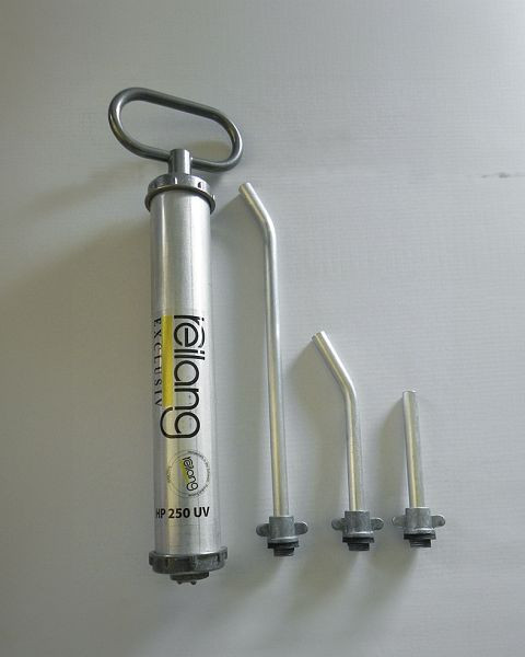DENIOS Universal-Handpumpe aus Aluminium, Hubvolumen 255 ml, als Set mit 3 Auslaufrohren, 319351
