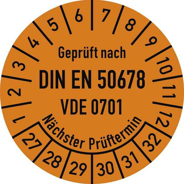 Moedel Prüfplakette DIN EN 50678 Nächster Prüftermin, 2027-2032, Folie, Ø 30mm, VE: 10 Stück/Bogen, 108591