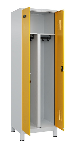 C+P PSA Schwarz-Weiß-Spind Evolo PLUS, mit Füßen, 2 Abteile, 1950x600x500mm, 70, Frontfarbe RAL 1004 Goldgelb, Zylinderschloss, 049012-20P S10027