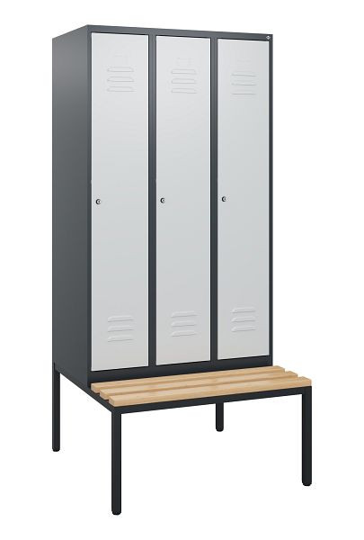 C+P Umkleidespind Classic PLUS, mit untergebauter Sitzbank, 3 Abteile, 1950x900x815mm, 7016/7035, Zylinderschlösser, Buche-Sitzleisten, 0800505-30 S10028
