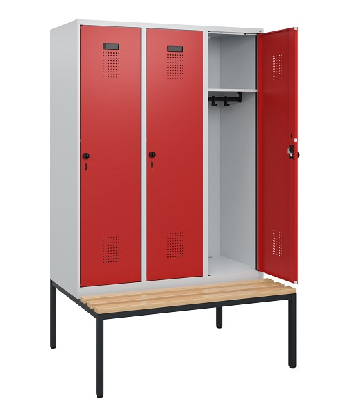 C+P Spind Evolo PLUS, 3 Abteile, 1950x1200x815mm, 7035/3000, Drehriegel, Sitzfläche Buche-Hartholz, Sitzbank, 0490505-32 S10003
