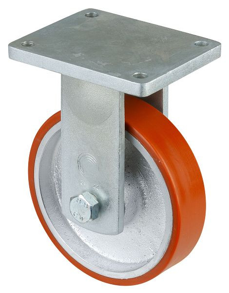 BS Rollen Schwerlastrolle, Bockrolle, Rad-Breite 50 mm, Rad-Ø 200 mm, Tragfähigkeit 1000 kg, Guss-Polyurethan 95 Shore A, Guss, Kugellager, RR110.C10.201