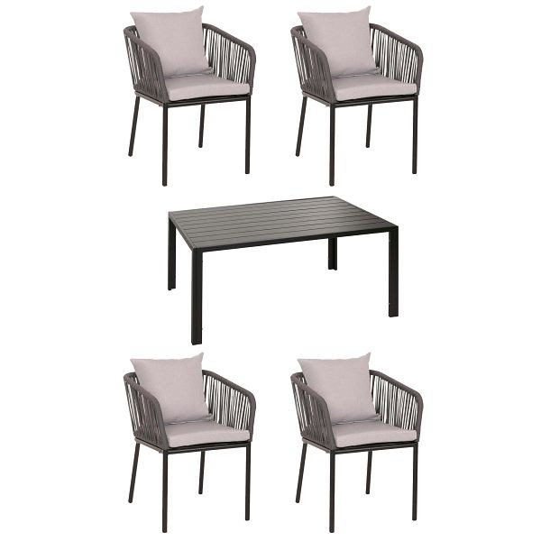 Mendler Gartengarnitur HWC-N41, Tisch+4xStuhl, wetterfest Alu 140x80cm, Seilgeflecht Rope, anthrazit Kissen grau, 106601+2x106617