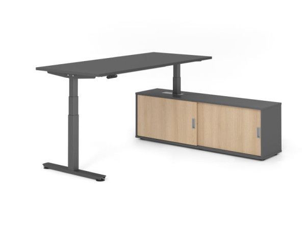 Hammerbacher Schreibtisch XDSM19, 180x80cm, Platte: Graphit, T-Fuß Gestell Graphit, Höhe: 63 - 127 cm, Graphit / Eiche, VXDSM19SB/G/G/G/E