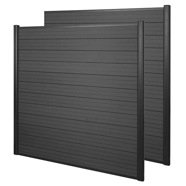 Mendler WPC-Sichtschutz Sarthe, Windschutz Zaun, Alu-Pfosten, 2er Set, 3,75m anthrazit, 64994+64995+64996+64997+64998+64999