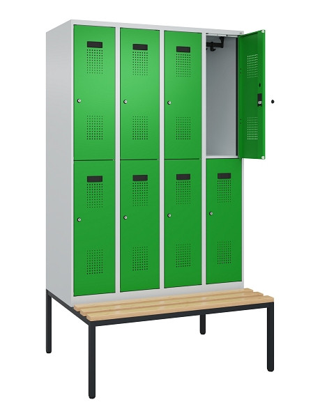 C+P Doppelstock-Spind Evolo PLUS, Bank, 8 Fächer, 2120x1200x815mm, 7035/6037, Zylinderschloss, Sitzfläche Buche-Hartholz, Sitzbank, 0493507-40 S10038