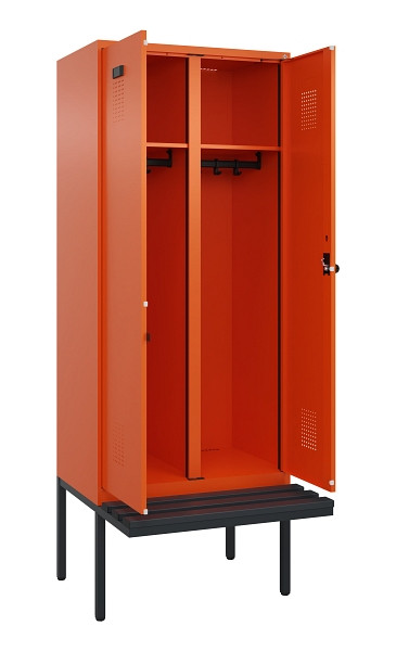 C+P Schwarz-Weiß-Spind Evolo PLUS, Bank, 2 Abteile, 2120x800x815mm, 2004/2004, Drehriegel, Material Sitzfläche Kunststoff, 0490427-22 S10077