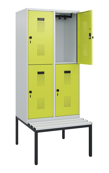 C+P Doppelstöckiger Spind Evolo PLUS, Bank, 4 Fächer, 1950x800x815mm, 7035/0024, Drehriegel, Sitzfläche Kunststoff, Sitzbank, 0493505-22 S10111