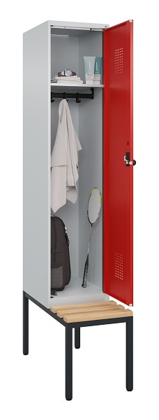 C+P Spind Evolo PLUS, 1 Abteile, 2120x400x815mm, 7035/3020, Haken 4, Drehriegel, Sitzfläche Buche-Hartholz, Sitzbank, 0490507-12 S10005