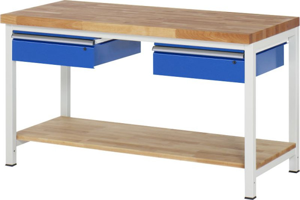 RAU Werkbank Serie 8000 - Gestell-Bauweise (Schweißgestell), 2x Schublade, Buche-Massiv-Ablageboden, 1500x840x700 mm, 03-8002A7-157B4S.11