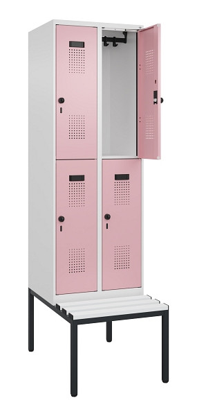 C+P Doppelstock-Spind Evolo PLUS, Bank, 4 Fächer, 2120x600x815mm, 9016/3015, Drehriegel, Sitzfläche Kunststoff, Sitzbank, 0493507-20 S10099