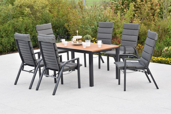 Merxx Siros Set 13-teilig, 6 Siros Sessel, verstellbar durch Gasdruckfeder, 6 Auflagen, uni grau, 1 Tisch, 150 x 90 cm, 50964-800