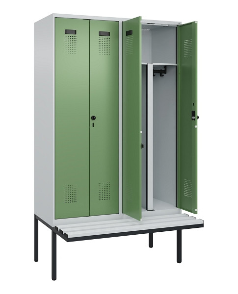 C+P PSA Doppel-Spind Evolo PLUS, Bank, 4 Abteile, 2120x1200x815mm, 7035/6011, Drehriegel, Material Sitzfläche Kunststoff, 0490427-40P S10064