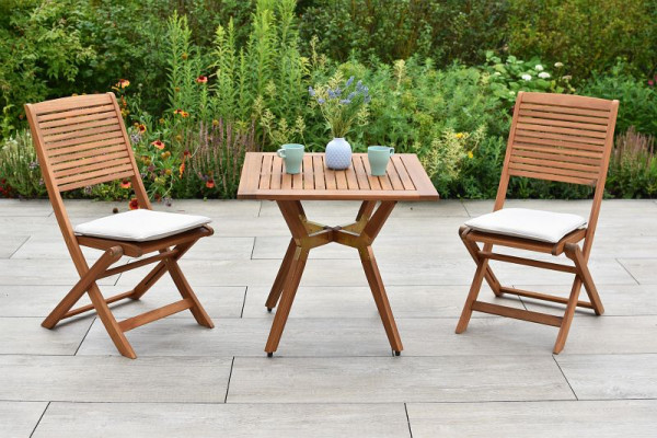 Merxx Bali Set 5-teilig, 2 Klappstühle, 2 Sitzkissen, beige, 1 Bistrotisch 70 x 70 cm, FSC Akazie, 51149-311