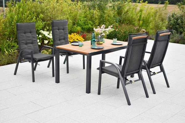 Merxx Tilos Set 9-teilig, 4 Tilos Sessel, Rückenlehne durch Gasdruck verstellbar, 4 Kissen, uni grau, 1 Tilos Ausziehtisch, 150 (200) x 90 cm, 50980-800