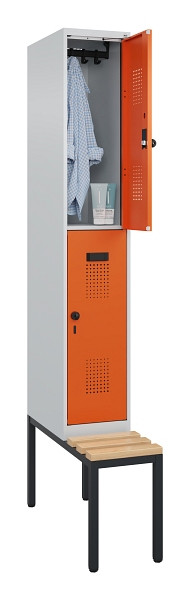C+P Doppelstock-Spind Evolo PLUS, Bank, 2 Fächer, 2120x300x815mm, 7035/2004, Drehriegel, Sitzfläche Buche-Hartholz, Sitzbank, 0493507-10 S10002