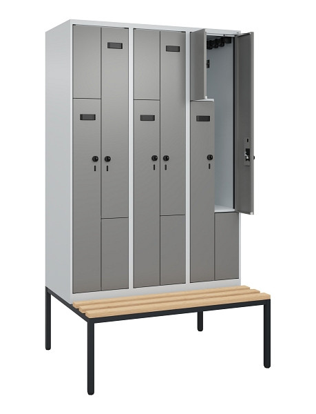 C+P Z-Spind Evolo PLUS, Bank, 6 Fächer, 2120x1200x815mm, 7035/0004, Drehriegel, Sitzfläche Buche-Hartholz, Sitzbank, 0490537-326 S10009