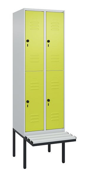 C+P Doppelstöckiger Spind Classic PLUS, 2 Abteile, 2120x600x815mm, 7035/0024, Drehriegel, mit Untergestell und schwebender Sitzfläche, 0803407-20 S10115