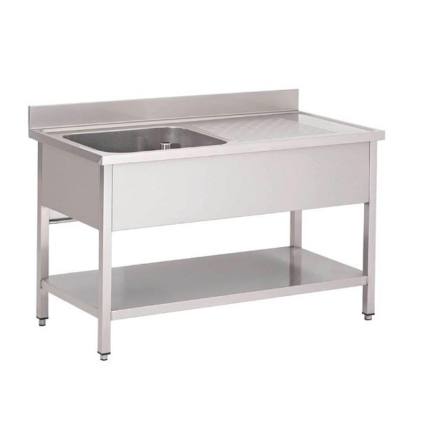 Gastro M Spültisch Becken links 140cm lang, mit Aufkantung und Regalboden, GN201