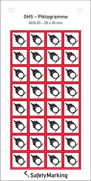 SafetyMarking GHS-Gefahrenpiktogramm, Symbol 03: Flamme über Kreis, BxH 2x2 cm, Folie, selbstklebend, VE: 32 Stück/Bogen, 30.3550-03