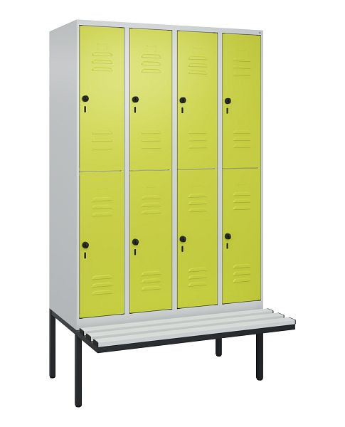C+P Doppelstöckiger Spind Classic PLUS, 4 Abteile, 2120x1200x815mm, 7035/0024, Drehriegel, mit Untergestell und schwebender Sitzfläche, 0803407-40 S10115
