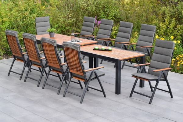 Merxx Athos Set 21-teilig, 10 Klappsessel, 10 Kissen, 1 Flex Ausziehtisch 180/180 x 100/83 x 80/74 cm, Aluminium mit FSC Akazienholz, 50840-800